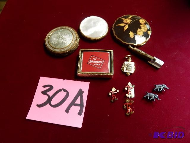 lot 30A image: 3 vintage compacts and other vintage pins.. Milwaukee Road lighter.. VINTAGE HOOVER cuff links
