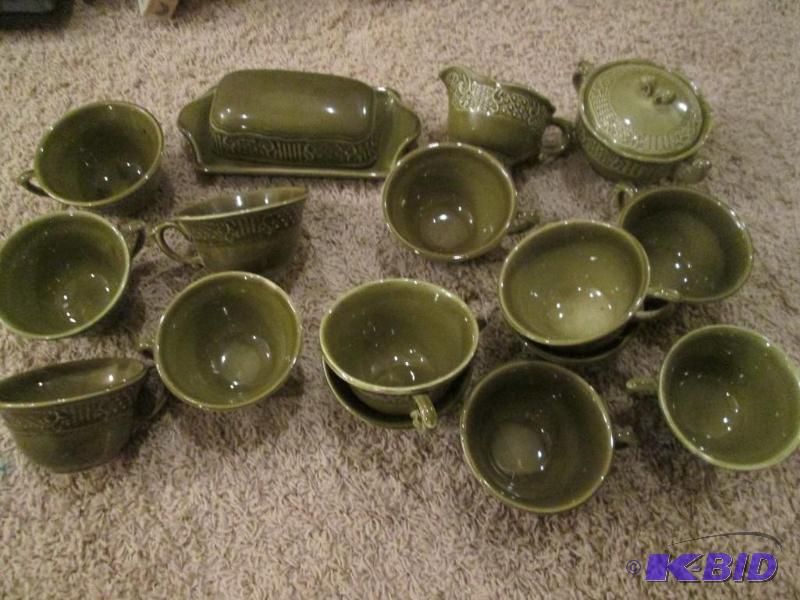 Lot of green colored cups and butter dish...