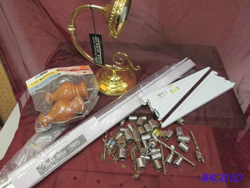 Assorted sockets and drill bits, shelf bracke...