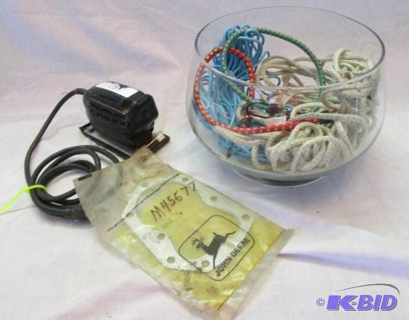 mixed lot of big glass bowl, bungii cords, WE...