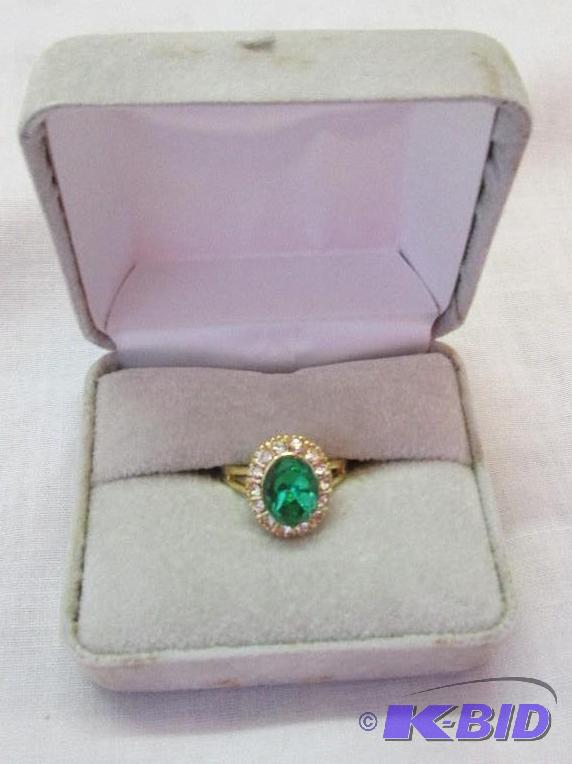 gold color metal adjustable ring with green j...