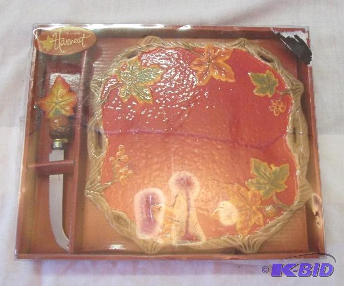 ceramic cheese tray and knife set- fall theme...