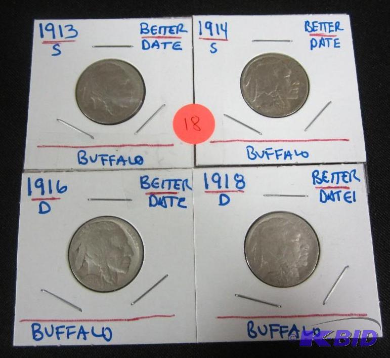 (4) Better Date Buffalo Nickels 1913-S, 1914-S, 1916-D, 1918-D