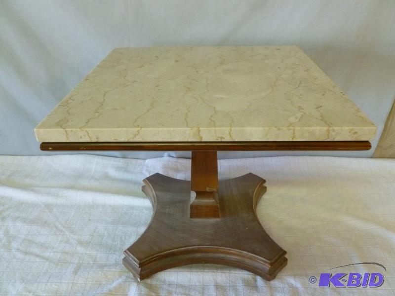 lot 5 image: Marble top wooden end table that measures 18&...
