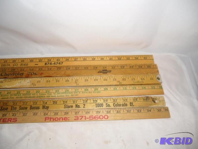 A handy collection Vintage Wood Handled Hand Tools & Old Advertising Yardsticks Radio Shack Chevy