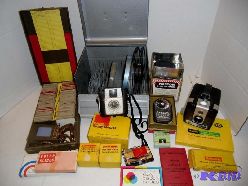Click 2 Vintage Brownie Cameras, 1950-60s Color Slides with Viewer, 1940s Mystery Home Movie Film