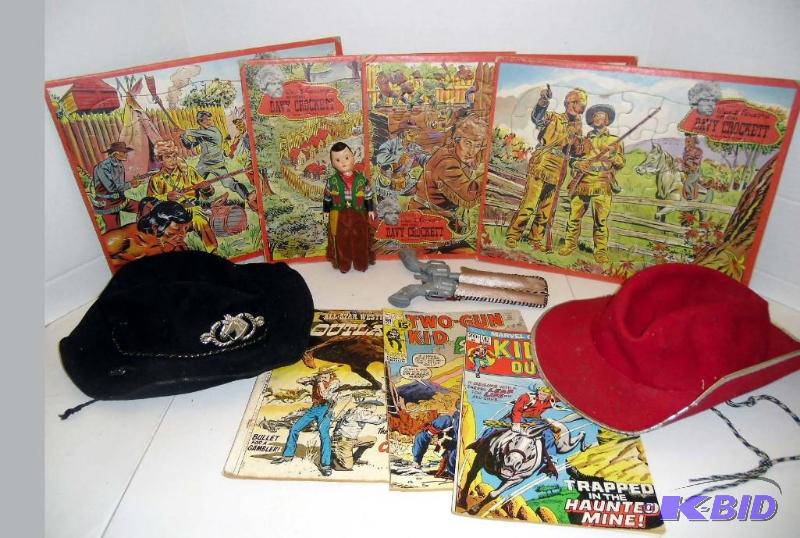 Yippe Ki Yay Childs Cowboy Hats, Cap Guns, Davy Crockett Puzzles, Cowboy Doll & Old Western Comics