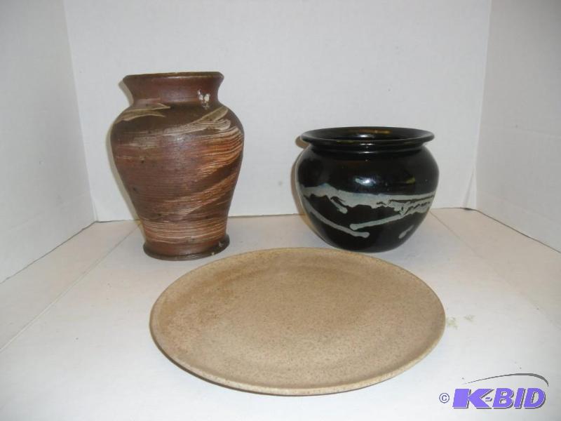 Pottery fans  3 Pieces of Vintage Hand-Made Signed Pottery 2 Vases and a Plate