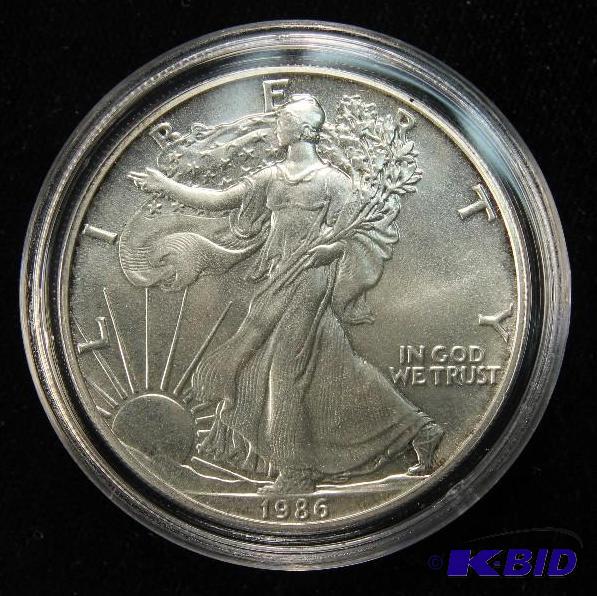 1986 US SILVER EAGLE .999 FINE SILVER COIN BU IN AIRTIGHT HOLDER GEM BU UNC