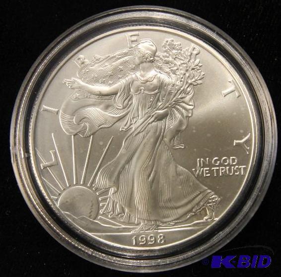 1998 US SILVER EAGLE 1 TROY OZ. .999 FINE SILVER GEM UNC IN AIRTIGHT HOLDER