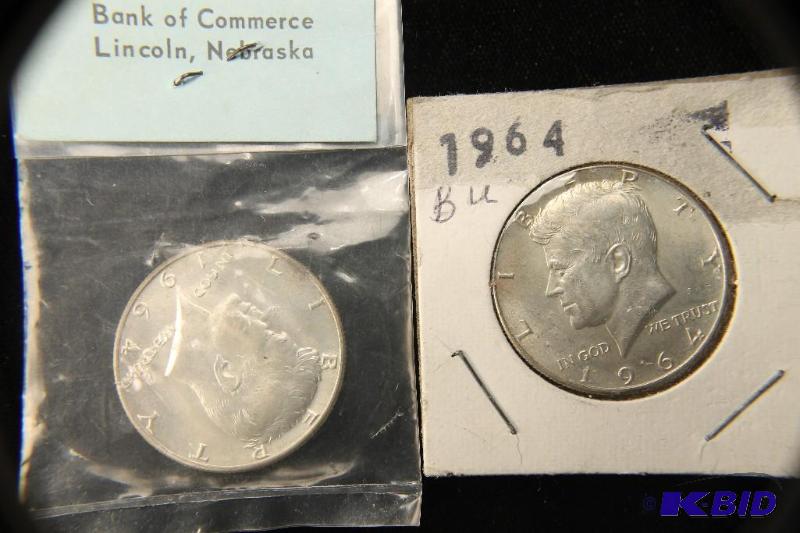 LOT OF 2 1964 90% SILVER KENNEDY HALF DOLLAR COINS BU UNC