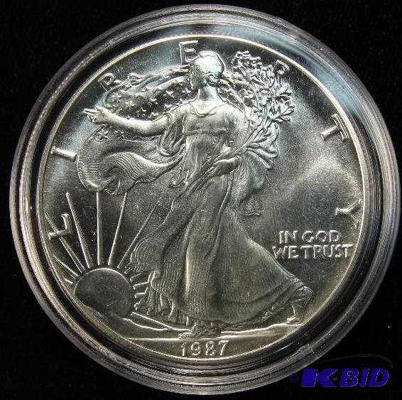 1987 US SILVER EAGLE 1 OZ. .999 FINE SILVER COIN IN AIRTIGHT HOLDER GEM BU UNC