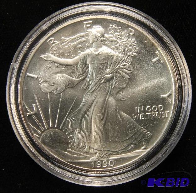 1990 US SILVER EAGLE 1 TROY OZ. .999 FINE SILVER GEM UNCIRCULATED IN AIRTIGHT HOLDER