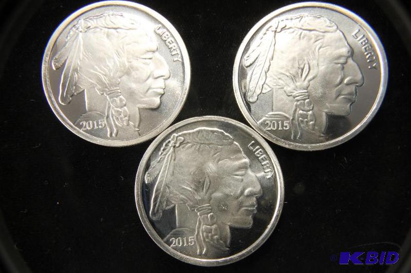 LOT OF 3 2015 1 TROY OZ. .999 FINE SILVER BUFFALO ROUNDS 3 OZS. TOTAL