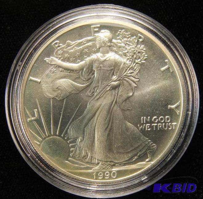 1990 US SILVER EAGLE 1 TROY Oz. .999 FINE SILVER GEM UNCIRCULATED CHAMPAGNE TONED IN AIRTIGHT HOLDER
