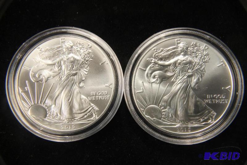 LOT OF 2 1 TROY Oz. .999 FINE SILVER 2015 AMERICAN SILVER EAGLE COINS GEM BU IN AIRTIGHT HOLDERS
