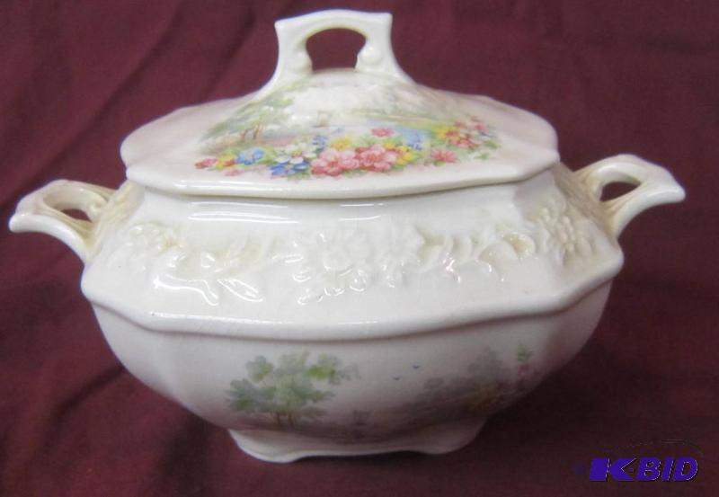 Antique Covered Sugar Bowl Dish Crown Ivory - 835 with Scene