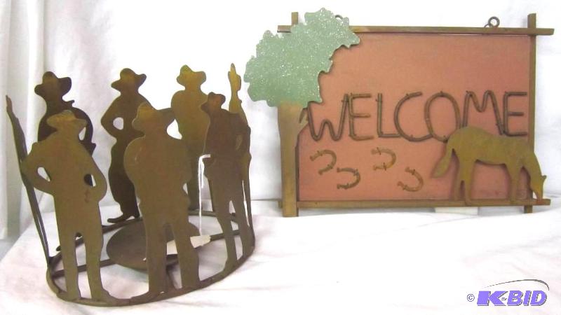 NEW  Rustic Metal Candleholder Cowboy 7 Tall x 7 12 Wide and Welcome Plaque 12 Wide x 9 High