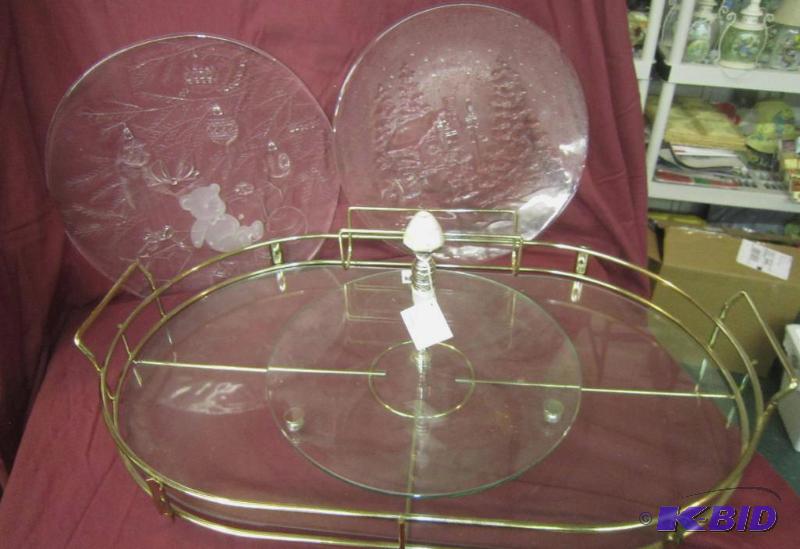 2 Clear Platters 13 and Mother of Pearl Handled Serving Platter 12 and 24 x 15 Oval Platter