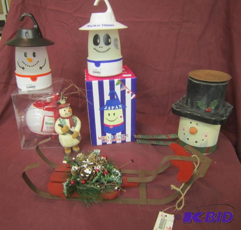 Sled, 2 Snowmen, Snowman Hunting Orn, 3 LED Lanterns, Glass Xmas Ball