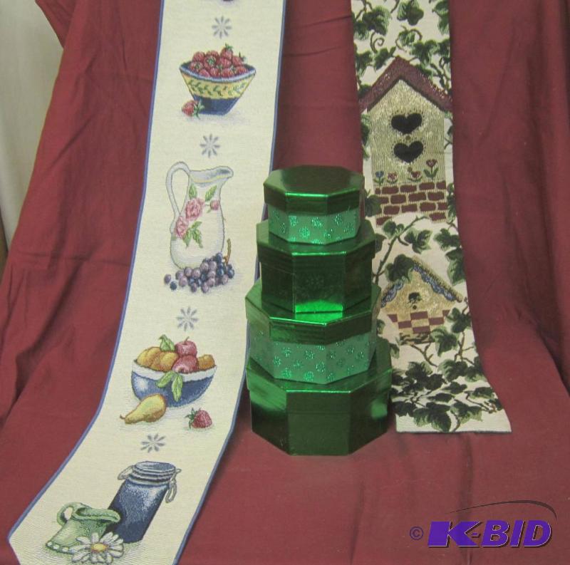2 Bell Pull Wall Hangings - (One Birds and One Kitchen) and Stacking Green Boxes