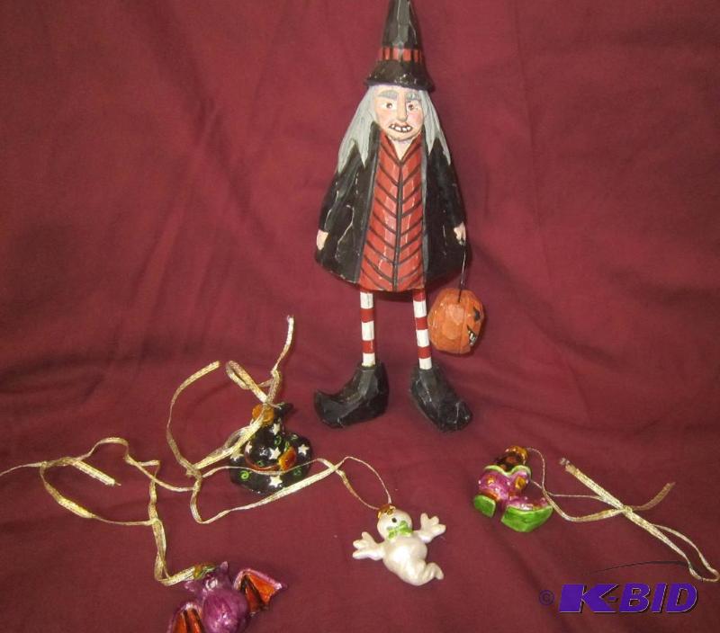 Misc Lot - 9 12 Wood Witch, Ornaments (Bat, Shoe, Ghost and Hat) - Halloween