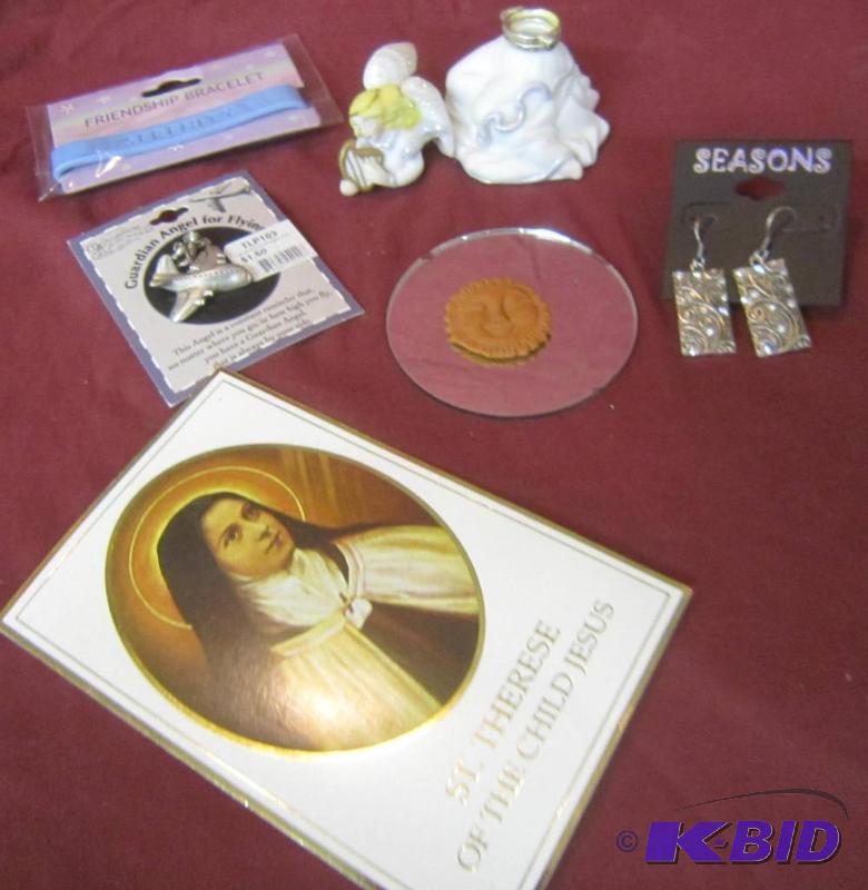 Angel hinged Box needs repair, Round Mirror, Friendship Bracelet (Serenity), St. Therese of the Child