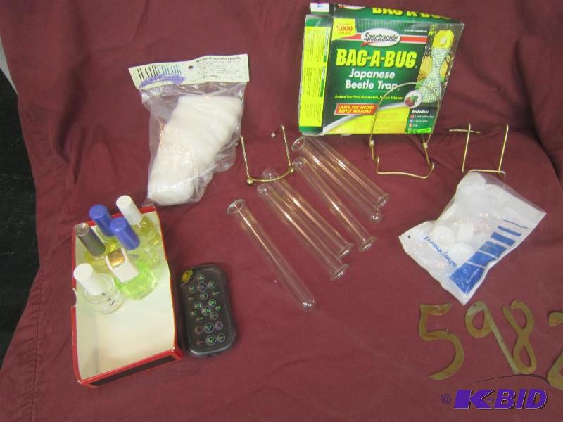 Misc Lot - Plate Stands, Cotton, 6 Rain Gauges Bottles, Nail Polish, Caps for a Chair, Bag A Bug