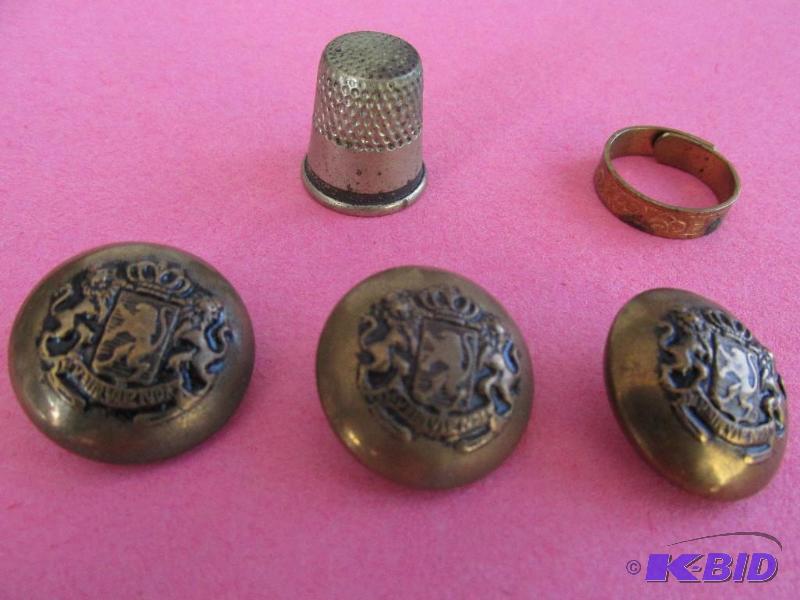 lot 118 image: 3 Brass Buttons, a Very Old Small Thimble, and an Old BrassCopper () Ring