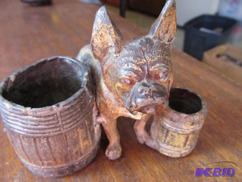 lot 12 image: Collectible Vintage French Bull Dog with 2 Barrels