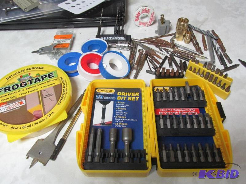lot 124 image: Miscellaneous Drills, Driver Bits, Plumbers Tape, Frog Tape (new), etc