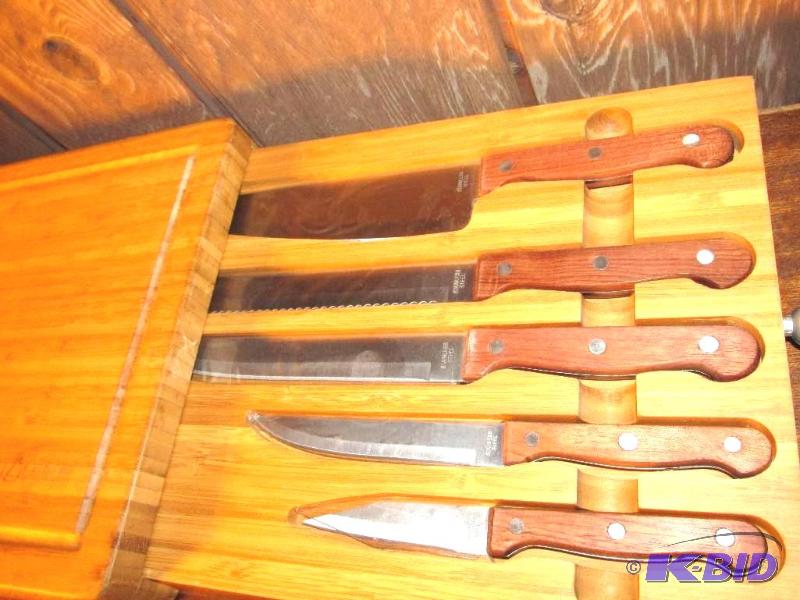 lot 73 image: Brand New Set of Knives in a Wooden CaseCutting Board