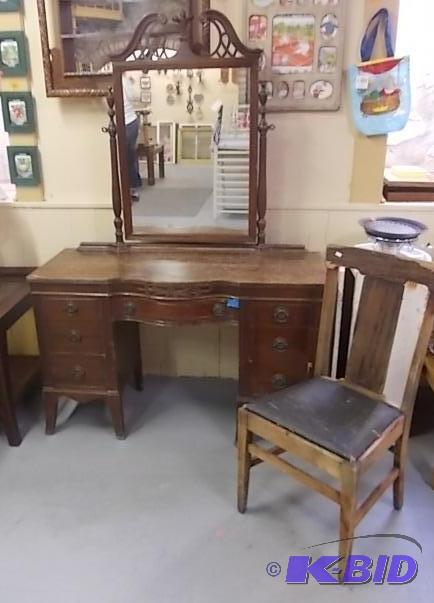 Vintage Wood VanityDesk With Mirror &amp Ch...