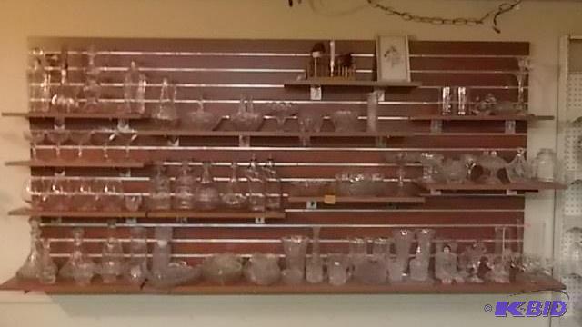 Large Lot Of Glassware On Shelves Decanters,...