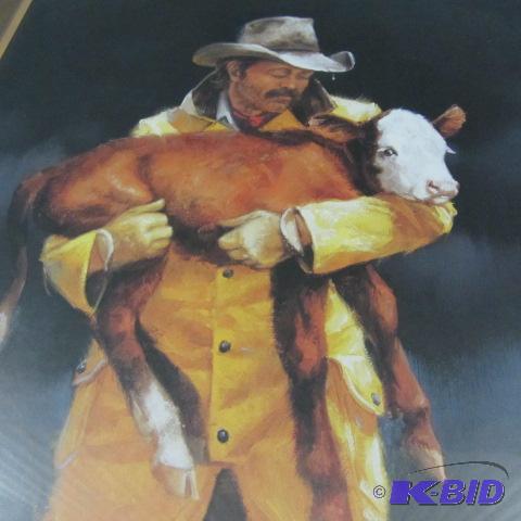 lot 44 image: Cowboy & Newborn Calf Framed Print