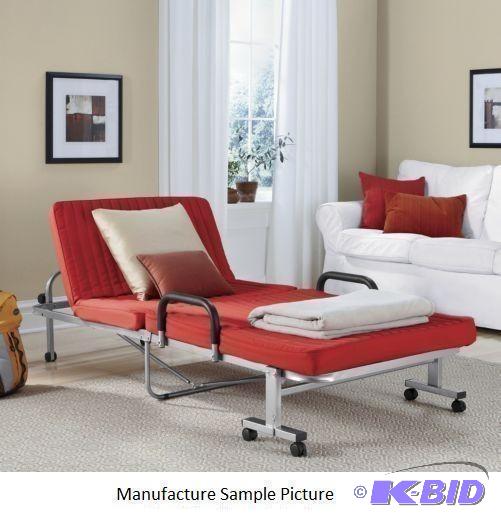 lot 72 image: Red and Silver Folding Bed - Unfold the metal...
