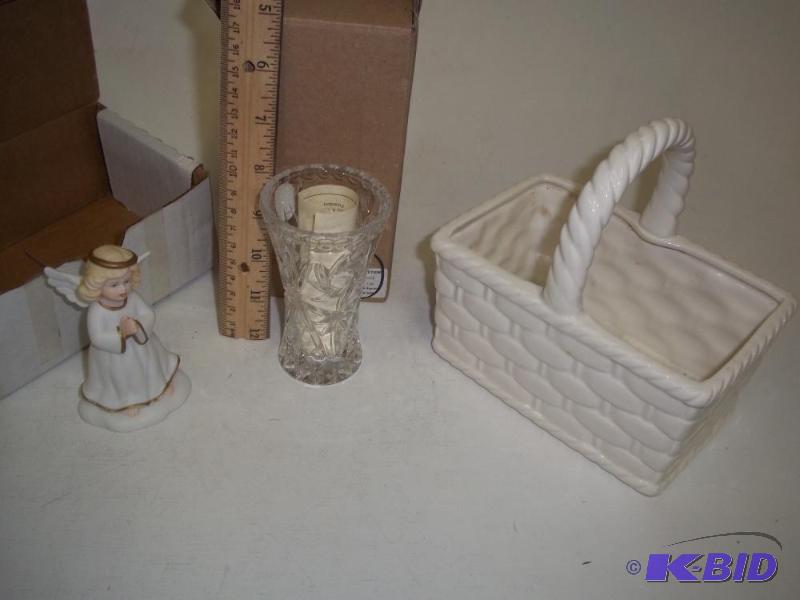 lot 95 image: 4" Crystal Vase, Ceramic Angel and Baske...