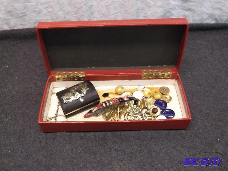 lot 110 image: Jewelry box with pierced earring, hair piece,...