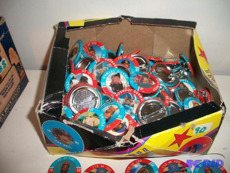 Box of old baseball pins