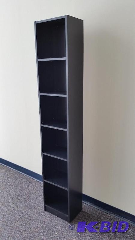 lot 17 image: Alcove Skinny Shelf Bookcase Tower.  Black Stain.  New out of Box.  Assembled.