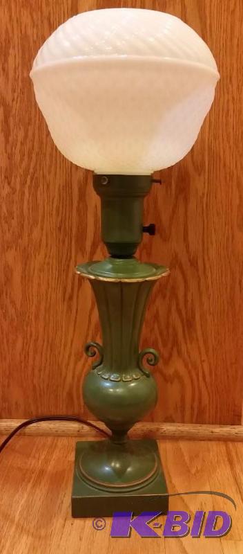 lot 26 image: Really Old Antique Original Color green Metal Lamp  Original Milk Glass Shade.  1920s Maybe earlier