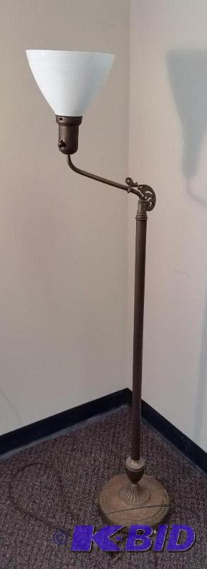 lot 27 image: 1920s 1930s Antique Floor Lamp With Waffle pattern Milk Glass Hurricane Lamp Shade