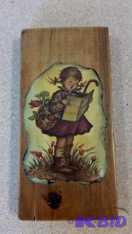 lot 30 image: 1950s Decoupage Hummel Little Girl Singing at Springtime.  On a plank of wood.