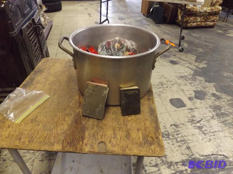 lot 565 image: Valentines day boxes, soup pot, Bibles, and t...