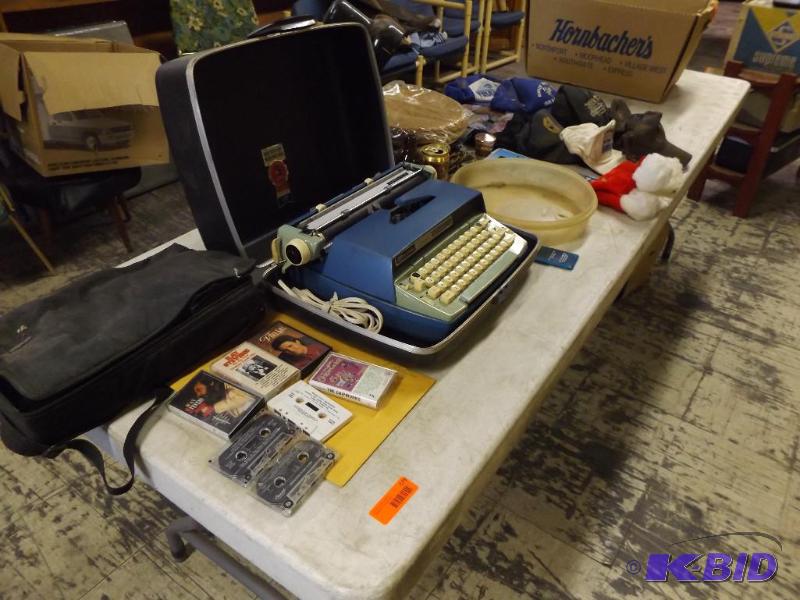 lot 579 image: Old Typewriter, cassette tapes and case, hats...