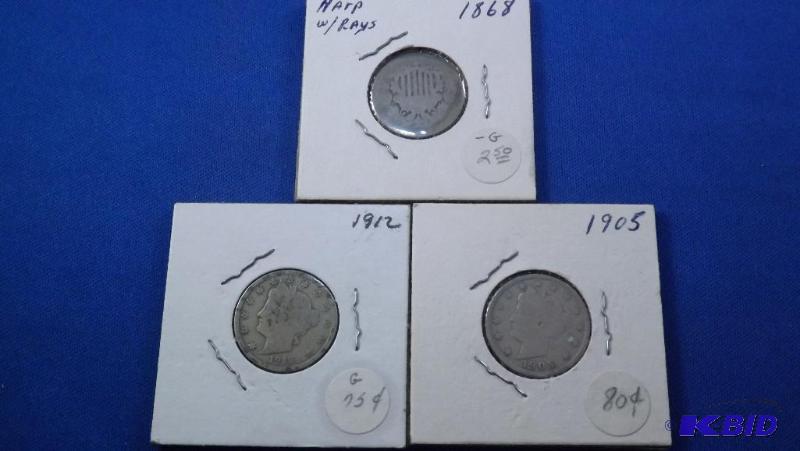 Mixed lot of THREE nickels. 1905 V nickel. 19...