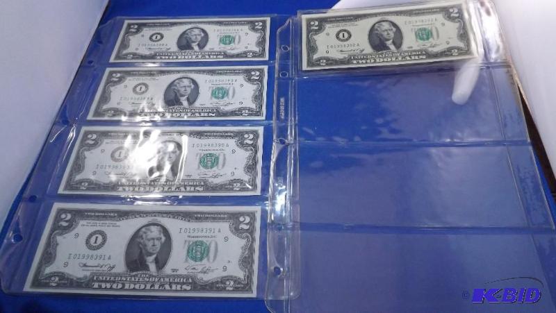 Lot of 5, 1976, two dollar bills. Consecutive...