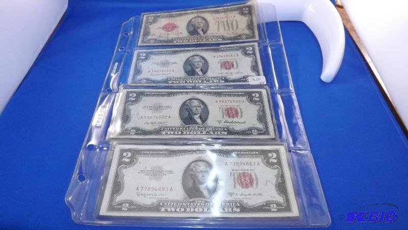 4 Two dollar red seal bills. 1928F, 1953, 195...