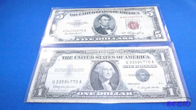 1953 Five dollar bill and a 1957B Silver Cert...