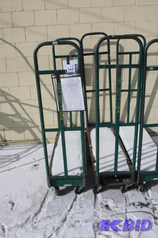 lot 310 image: Lot of (2) Flat Metal Dollys w3 Wheels & 2 Sides Green Larger Center Wheels 16 x 50.5 x 61.